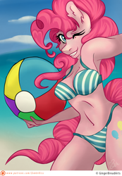 Size: 1500x2167 | Tagged: safe, artist:gingerbreadarts, character:pinkie pie, species:anthro, species:earth pony, species:pony, armpits, beach, beach ball, bikini, breasts, busty pinkie pie, clothing, female, looking at you, one eye closed, pinup, solo, striped swimsuit, swimsuit, wink