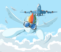 Size: 1300x1100 | Tagged: safe, artist:vinilyart, character:rainbow dash, species:pegasus, species:pony, boeing 747, cloud, feather, female, flying, goggles, looking at you, mare, plane, race, sky, solo, spread wings, wings