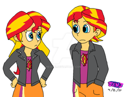 Size: 1024x796 | Tagged: safe, artist:jen-izzy93, character:sunset shimmer, my little pony:equestria girls, binary shimmer, binary sunset, clothing, equestria guys, jacket, male, rule 63, sunset glare, wrong eye color