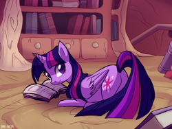 Size: 1600x1200 | Tagged: safe, artist:bae-mon, character:twilight sparkle, character:twilight sparkle (alicorn), species:alicorn, species:pony, book, bookshelf, cute, featureless crotch, female, golden oaks library, horn, indoors, library, looking at you, looking back, looking back at you, mare, plot, prone, raised tail, rear view, smiling, solo, tail, twibutt, wings