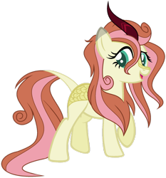 Size: 1024x1101 | Tagged: safe, artist:cosmicwitchadopts, oc, oc only, parent:autumn blaze, parent:fluttershy, parents:autumnshy, species:kirin, species:pony, episode:sounds of silence, g4, my little pony: friendship is magic, adoptable, digital art, female, interspecies offspring, kirin hybrid, kirin pony hybrid, long mane, long tail, looking at you, magical lesbian spawn, mare, offspring, raised hoof, simple background, solo, transparent background