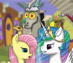 Size: 1500x1300 | Tagged: safe, artist:artistathefilly, character:discord, character:fluttershy, character:princess celestia, ship:discoshy, ship:dislestia, discord gets all the mares, discord's house, discoshylestia, female, love triangle, male, shipping, shrug, straight