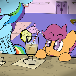 Size: 3000x3000 | Tagged: safe, artist:undercoverpone, character:rainbow dash, character:scootaloo, species:pegasus, species:pony, alcohol, bar, cocktail umbrella, drink, female, filly, mare, underaged drinking