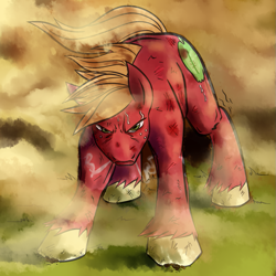 Size: 945x945 | Tagged: safe, artist:explosivegent, artist:megasweet, character:big mcintosh, species:earth pony, species:pony, action pose, angry, badass, injured, male, snorting, stallion, sweat, windswept mane