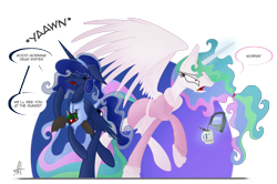Size: 3000x1992 | Tagged: safe, artist:ardas91, character:princess celestia, character:princess luna, species:alicorn, species:bat, species:pony, abstract background, bed mane, coffee, coffee mug, dialogue, duo, eyes closed, female, floppy ears, mare, morning ponies, mug, open mouth, plushie, royal sisters, speech bubble