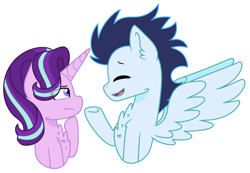 Size: 1970x1366 | Tagged: safe, artist:geekcoffee, character:soarin', character:starlight glimmer, species:pegasus, species:pony, species:unicorn, chest fluff, crack shipping, eye clipping through hair, eyes closed, female, glimmin', height difference, hoof on chin, male, mare, open mouth, shipping, simple background, stallion, straight, underhoof, white background
