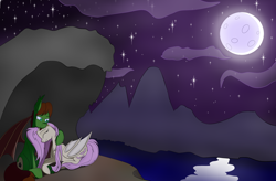 Size: 3800x2500 | Tagged: safe, artist:dualtry, character:flutterbat, character:fluttershy, oc, species:bat pony, species:pony, affection, bat pony oc, canon x oc, female, lake, love, male, mare, moon, moonlight, mountain, night, race swap, shipping