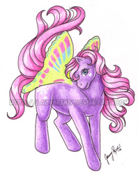 Size: 600x759 | Tagged: safe, artist:lazyjenny, g1, butterfly wings, female, flurry (g1), obtrusive watermark, simple background, solo, watermark, windy wing ponies, winger pony