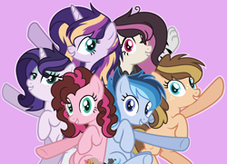 Size: 1952x1412 | Tagged: safe, artist:geekcoffee, artist:katie-mlp-bases, base used, oc, oc only, oc:amethyst, oc:bluish sky, oc:butterfly, oc:cookie rose, oc:starry dawn, oc:sweet apple, parent:applejack, parent:caramel, parent:cheese sandwich, parent:discord, parent:fluttershy, parent:pinkie pie, parent:rainbow dash, parent:rarity, parent:soarin', parent:spike, parent:starlight glimmer, parent:sunset shimmer, parent:trixie, parent:twilight sparkle, parents:carajack, parents:cheesepie, parents:discoshy, parents:soarindash, parents:sparity, parents:sunsetsparkle, species:earth pony, species:pegasus, species:pony, species:unicorn, geekyverse, digital art, eyeshadow, female, freckles, group, interspecies offspring, magical lesbian spawn, makeup, mare, mascara, next generation, offspring, one hoof raised, pink background, simple background, wall of tags