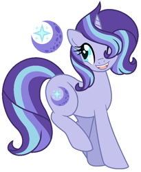 Size: 671x820 | Tagged: safe, artist:geekcoffee, artist:mplbasemaker33, oc, oc only, oc:moonlight glow, parent:starlight glimmer, parent:trixie, parents:startrix, species:pony, species:unicorn, geekyverse, biography, magical lesbian spawn, next generation, offspring, open mouth, simple background, solo, white background