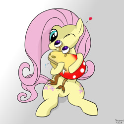 Size: 2000x2000 | Tagged: safe, artist:tazool, character:fluttershy, species:pegasus, species:pony, affection, both cutie marks, bulborb, confused, cute, cutie mark, eyelashes, female, folded wings, heart, holding, hug, mare, one eye closed, pikmin, question mark, simple background, sitting, smiling, wings, wink