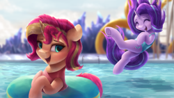 Size: 1920x1080 | Tagged: safe, artist:vanillaghosties, character:starlight glimmer, character:sunset shimmer, species:pony, species:unicorn, clothing, cute, duo, eyes closed, falling, female, glimmerbetes, inner tube, looking at you, mare, not fiery shimmer, one-piece swimsuit, open mouth, shimmerbetes, smiling, swimming pool, swimsuit, underhoof, water