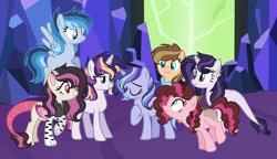 Size: 2464x1424 | Tagged: safe, artist:geekcoffee, artist:logic-puzzle665, base used, oc, oc only, oc:amethyst, oc:bluish sky, oc:butterfly, oc:cookie rose, oc:juicy apple, oc:moonlight glow, oc:starry dawn, parent:applejack, parent:caramel, parent:cheese sandwich, parent:discord, parent:fluttershy, parent:pinkie pie, parent:rainbow dash, parent:rarity, parent:soarin', parent:spike, parent:starlight glimmer, parent:sunset shimmer, parent:trixie, parent:twilight sparkle, parents:carajack, parents:cheesepie, parents:discoshy, parents:soarindash, parents:sparity, parents:startrix, parents:sunsetsparkle, species:dracony, species:earth pony, species:pegasus, species:pony, species:unicorn, geekyverse, digital art, eyes closed, eyeshadow, female, freckles, group, hybrid, interspecies offspring, magical lesbian spawn, makeup, mare, mascara, next generation, offspring, one hoof raised, pink background, simple background, smiling, wall of tags