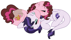 Size: 996x564 | Tagged: safe, artist:alari1234-bases, artist:geekcoffee, base used, oc, oc only, oc:amethyst, oc:cookie rose, parent:cheese sandwich, parent:pinkie pie, parent:rarity, parent:spike, parents:cheesepie, parents:sparity, species:dracony, species:earth pony, species:pony, species:unicorn, biography, cutie mark, digital art, duo, female, hybrid, interspecies offspring, lesbian, mare, next generation, oc x oc, offspring, offspring shipping, open mouth, shipping, simple background, white background