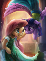 Size: 3000x4000 | Tagged: safe, artist:vanillaghosties, character:fluttershy, character:twilight sparkle, character:twilight sparkle (alicorn), species:alicorn, species:pegasus, species:pony, backlighting, clothing, costume, cute, dress, duo, female, frozen fever, indoors, looking at each other, mare, smiling, spread wings, vanillaghosties is trying to murder us, wings