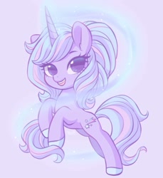 Size: 1375x1500 | Tagged: safe, artist:dressella, oc, oc only, oc:skynight dressella, species:pony, species:unicorn, cute, female, looking at you, magic, mare, open mouth, purple background, simple background, solo