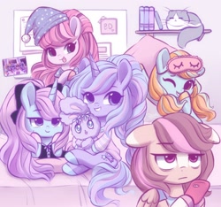 Size: 2364x2216 | Tagged: safe, artist:dressella, oc, species:earth pony, species:pegasus, species:pony, species:rabbit, species:unicorn, bed, book, cat, cellphone, clothing, cute, female, hat, mare, one eye closed, pajamas, phone, shirt, smiling, tongue out