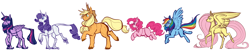 Size: 4000x800 | Tagged: safe, artist:fastserve, character:applejack, character:fluttershy, character:pinkie pie, character:rainbow dash, character:rarity, character:twilight sparkle, character:twilight sparkle (alicorn), species:alicorn, species:classical unicorn, species:earth pony, species:pegasus, species:pony, species:unicorn, cloven hooves, female, leonine tail, long mane, mane six, mare, simple background, size difference, unshorn fetlocks, white background