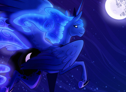 Size: 1306x950 | Tagged: safe, artist:fastserve, character:princess luna, species:pony, female, looking at you, looking back, looking back at you, moon, night, smiling, solo