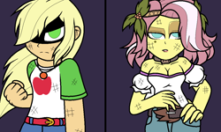 Size: 1008x604 | Tagged: safe, artist:enderboy1908, character:applejack, character:vignette valencia, my little pony:equestria girls, angry, blonde, breasts, cleavage, fist, hatless, holly, implied rarity, missing accessory, vignette valencia, vs, windswept mane