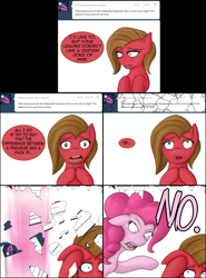 Size: 1335x1800 | Tagged: safe, artist:hewhoerasesmost, character:pinkie pie, oc, oc:pun, species:earth pony, species:pony, ask pun, ask, female, hotblooded pinkie pie, mare, no