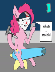 Size: 1324x1743 | Tagged: safe, artist:jenjan23all, character:pinkie pie, cannon, cellphone, comic, dallas, desert eagle, female, gun, mask, maskdallas, party cannon, payday 2, payday the heist, phone, smartphone, solo, weapon