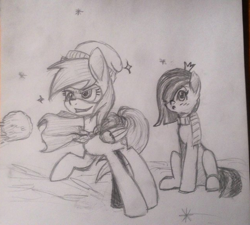 Size: 640x576 | Tagged: safe, artist:taika403, character:derpy hooves, character:marble pie, species:pony, blushing, cloak, clothing, crown, hat, jewelry, mask, monochrome, pencil drawing, regalia, scarf, sitting, snow, snowball, snowflake, superhero, traditional art, winter