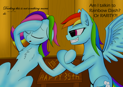 Size: 1754x1240 | Tagged: safe, artist:hugo231929, character:rainbow dash, character:rainbow dash (g3), species:pony, 35th anniversary, arm wrestling, backwards cutie mark, belly button, female, generational ponidox, grin, hoof on head, hoofwrestle, implied rarity, mare, ponidox, smiling