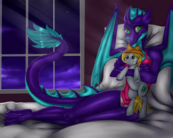 Size: 5000x4000 | Tagged: safe, artist:athenawhite, oc, oc:hickory switch, oc:snake, species:anthro, species:dragon, species:earth pony, species:pony, anthro oc, bed, bedroom, clothing, cloud, commission, detailed background, dragoness, female, hat, night, panties, pillow, plushie, shipping, spread wings, tank top, underwear, window, wings, ych result