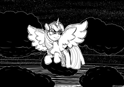Size: 4093x2894 | Tagged: safe, artist:tkitten16, character:twilight sparkle, character:twilight sparkle (alicorn), species:alicorn, species:pony, inktober, black and white, cloud, eye clipping through hair, female, flying, grayscale, inktober 2018, mare, monochrome, night, signature, solo, stars