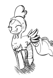 Size: 2599x3844 | Tagged: safe, artist:tkitten16, character:pinkie pie, species:earth pony, species:pony, inktober, animal costume, chicken pie, chicken suit, clothing, costume, eyes closed, female, inktober 2018, mare, monochrome, nightmare night costume, signature, simple background, smiling, solo, white background