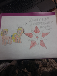 Size: 2448x3264 | Tagged: safe, artist:milo(german), derpibooru original, character:applejack, character:applejack (g1), 35th anniversary, computer, duo, laptop computer, photo, simple background, smiling, stars, text, traditional art, white background