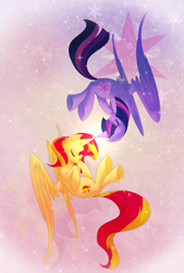 Size: 1280x1894 | Tagged: safe, alternate version, artist:neko-luvz, character:sunset shimmer, character:twilight sparkle, character:twilight sparkle (alicorn), species:alicorn, species:pony, ship:sunsetsparkle, alicornified, cutie mark, eyes closed, female, floating, horns are touching, lesbian, race swap, shimmercorn, shipping