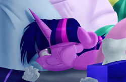 Size: 1851x1200 | Tagged: safe, artist:mcmeg29, character:twilight sparkle, character:twilight sparkle (alicorn), species:alicorn, species:pony, episode:school daze, g4, my little pony: friendship is magic, bed, crying, depressed, female, mare, one eye closed, one eye open, pillow, pouting, scene interpretation, solo, squishy cheeks, sulking, tissue, tissue box