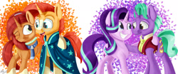 Size: 2389x996 | Tagged: safe, artist:mcmeg29, character:firelight, character:starlight glimmer, character:stellar flare, character:sunburst, species:pony, species:unicorn, episode:the parent map, g4, father and daughter, female, male, mare, mother and son, smiling, stallion