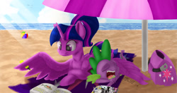 Size: 1867x987 | Tagged: safe, artist:mcmeg29, character:spike, character:twilight sparkle, character:twilight sparkle (alicorn), species:alicorn, species:dragon, species:pony, alternate hairstyle, beach, beach ball, beach blanket, beach umbrella, book, comic book, crepuscular rays, female, highlighter, mare, ocean, ponytail, prone, sleeping, smiling, spread wings, umbrella, water, wing blanket, wing hands, wings