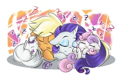 Size: 715x450 | Tagged: safe, artist:flashlighttwi, character:applejack, character:opalescence, character:rarity, character:sweetie belle, species:earth pony, species:pony, species:unicorn, ship:rarijack, cat, cuddling, cute, diasweetes, female, filly, jackabetes, lesbian, mare, opalbetes, raribetes, shipping, sleeping, underhoof, z, zzz