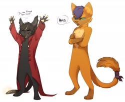 Size: 2200x1800 | Tagged: safe, artist:reysi, character:capper dapperpaws, oc, species:anthro, my little pony: the movie (2017), accessory theft, anthro oc, cat, chest fluff, clothing, coat, dialogue, i'm the friend you need, jacket, paws, speech bubble, standing