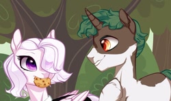 Size: 960x569 | Tagged: safe, artist:lothard juliet, oc, oc only, species:pegasus, species:pony, species:unicorn, cookie, duo, food, hair over one eye, mouth hold