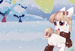 Size: 1445x1000 | Tagged: safe, artist:lothard juliet, oc, oc only, species:earth pony, species:pony, clothing, female, mare, open mouth, scarf, snow, socks, solo, wingding eyes, winter