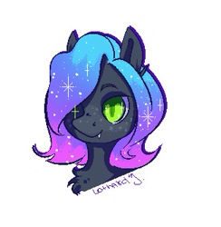 Size: 325x333 | Tagged: safe, artist:lothard juliet, oc, oc only, species:bat pony, species:pony, bat pony oc, bust, chest fluff, color porn, fangs, hair over one eye, portrait, simple background, solo, sparkles, white background