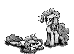 Size: 3744x2720 | Tagged: safe, artist:tkitten16, character:mean pinkie pie, character:pinkie pie, species:pony, inktober, episode:the mean 6, g4, my little pony: friendship is magic, clone, confused, duo, inktober 2018, lying down, monochrome, simple background