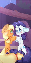 Size: 1368x2736 | Tagged: safe, artist:aliceub, character:applejack, character:rarity, species:earth pony, species:pony, species:unicorn, ship:rarijack, bipedal, bipedal leaning, blushing, cute, female, jackabetes, leaning, lesbian, looking at each other, mare, raribetes, shipping, wingding eyes