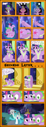 Size: 4338x12000 | Tagged: safe, artist:mlpconjoinment, character:princess ember, character:rarity, character:spike, character:twilight sparkle, character:twilight sparkle (alicorn), species:alicorn, species:dragon, species:pony, species:unicorn, absurd resolution, blushing, broom, cheek squish, circling stars, comic, conjoined, derp, dizzy, dragging, eyes closed, fangs, floppy ears, fusion, fusion:embrarity, grin, gritted teeth, implied emberspike, implied shipping, implied sparember, implied sparity, implied straight, magic, multiple heads, nightmare night, silhouette, smiling, squishy cheeks, sweeping, the worst possible thing, transformation, tumbling, twilight's castle, two heads, we have become one, what has magic done