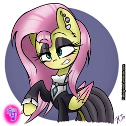 Size: 768x768 | Tagged: safe, artist:flashlighttwi, character:fluttershy, species:pegasus, species:pony, episode:fake it 'til you make it, abstract background, blushing, clothing, ear piercing, earring, eyeshadow, female, fluttergoth, goth, jewelry, makeup, mare, piercing, signature, solo