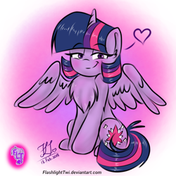 Size: 768x768 | Tagged: safe, artist:flashlighttwi, character:twilight sparkle, character:twilight sparkle (alicorn), species:alicorn, species:pony, abstract background, blushing, chest fluff, cute, female, heart, mare, signature, smiling, solo, spread wings, twiabetes, wings