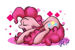 Size: 658x441 | Tagged: safe, artist:flashlighttwi, character:pinkie pie, species:earth pony, species:pony, abstract background, cute, eyes closed, female, floppy ears, mare, open mouth, signature, sleeping, solo