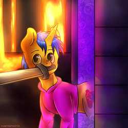 Size: 1200x1200 | Tagged: safe, artist:martenmartes, oc, oc only, oc:code sketch, species:pony, species:unicorn, commission, cutie mark, lava, male, mouth hold, nether (minecraft), nether portal, solo, stallion, sword, weapon, ych result