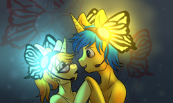 Size: 2000x1200 | Tagged: safe, artist:martenmartes, oc, oc only, oc:code sketch, oc:nenenyaa, species:pony, species:unicorn, butterfly, butterfly wings, commission, female, friendshipping, headphones, just friends, looking at each other, magnet, male, mare, not shipping, semi-anthro, singing, stallion, vocaloid, ych result
