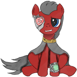 Size: 894x894 | Tagged: safe, artist:thestive19, oc, oc only, oc:red eye, species:earth pony, species:pony, fallout equestria, augmented, biohacking, cyber eyes, cyborg, fallout, fanfic, fanfic art, grin, hooves, looking at you, male, pipbuck, sheepish grin, simple background, sitting, smiling, solo, stallion, white background